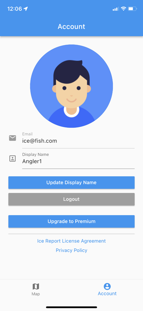 Der Kontoeinstellungs-Bildschirm der Ice Report App, der Benutzerprofilinformationen und eine Option zum Upgrade auf Premium anzeigt
