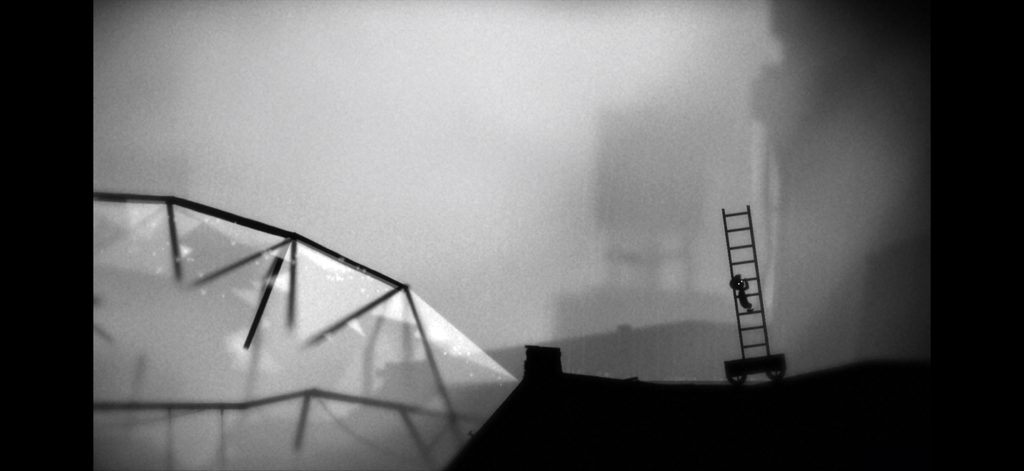 Playdead's LIMBO - Un niño silueteado escalando una escalera en un entorno oscuro y monocromático del LIMBO de Playdead.