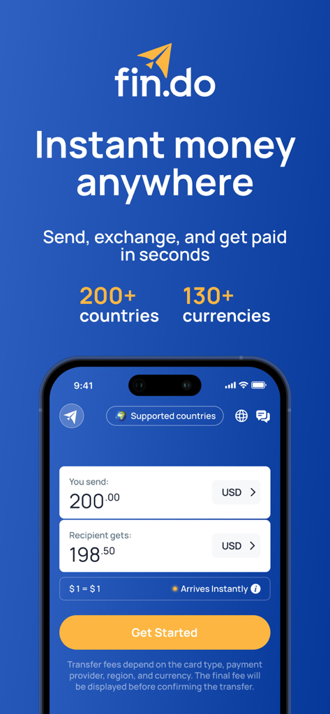 Fin.do: Instant Money Anywhere - Fin.do app interface showing instant global money transfer options