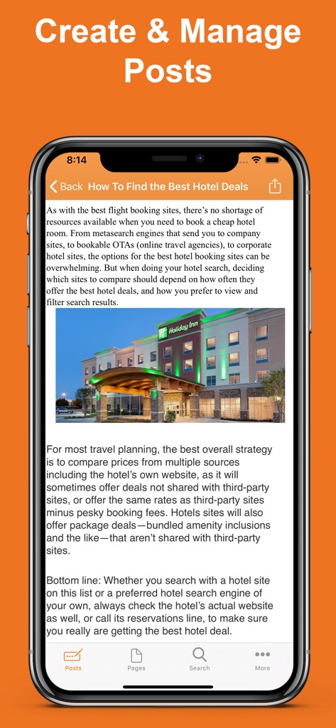 Pantalla de iPhone que muestra una entrada de blog de viajes siendo editada en la aplicación Blog for Blogger