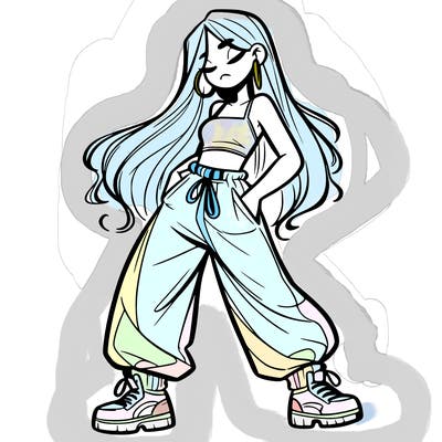 girl in baggy pants crop top and long hair