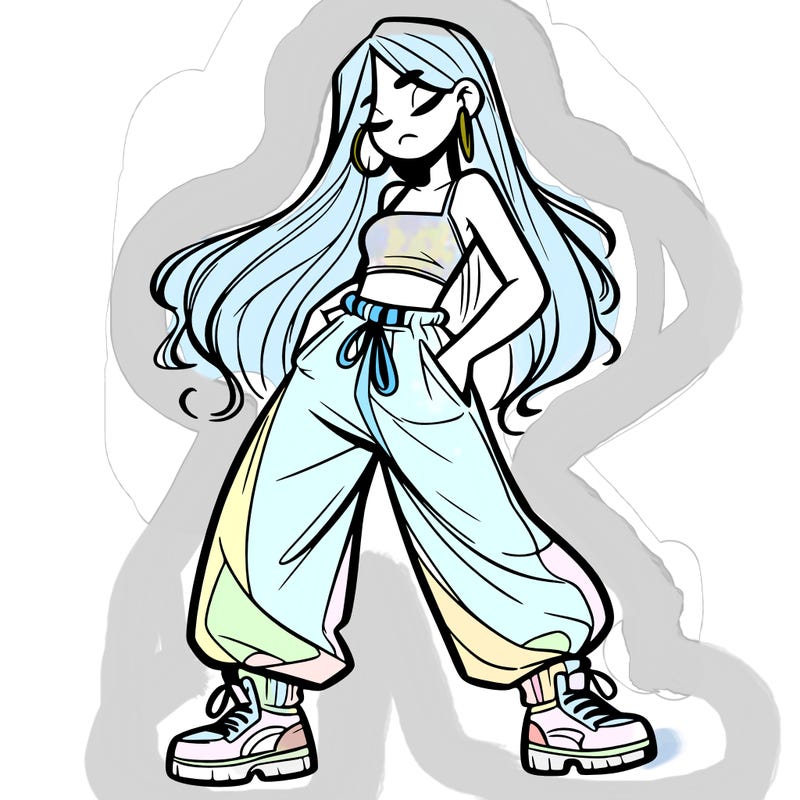 girl in baggy pants crop top and long hair