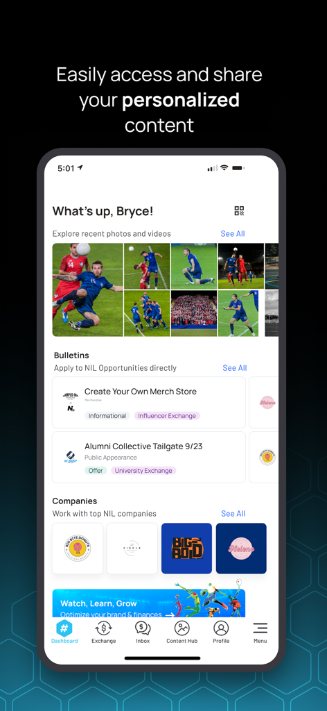 Dashboard of the Teamworks Influencer app showing a personalized photo gallery for an athlete and NIL brand opportunities.