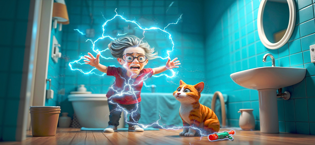 Granny With Cat - A cartoon granny getting an electric shock in a bathroom while her ginger cat watches