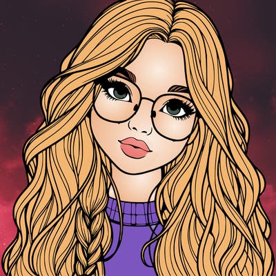 girl with long hair and freckles and glasses realistic