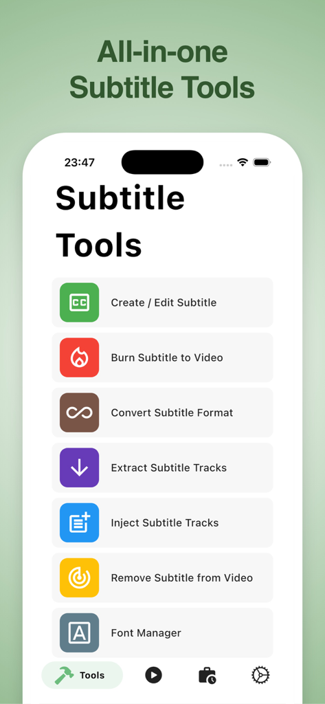 VidSub: Video Subtitle Creator - Interfaz de la aplicación VidSub que muestra herramientas de subtítulos como crear, editar, incrustar y convertir subtítulos.