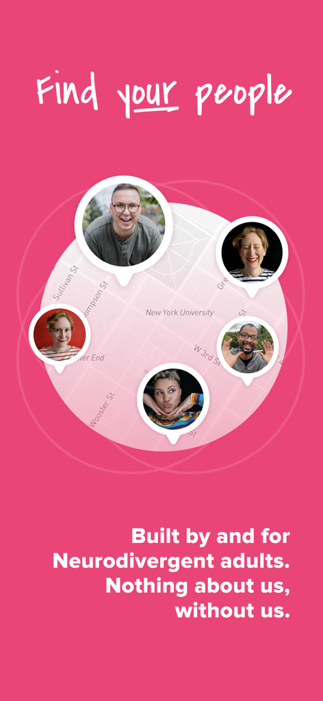 Hiki: Autism ADHD & ND Dating - Hiki app screen featuring diverse profile icons on a map with the slogan Find your people and Built by and for Neurodivergent adults