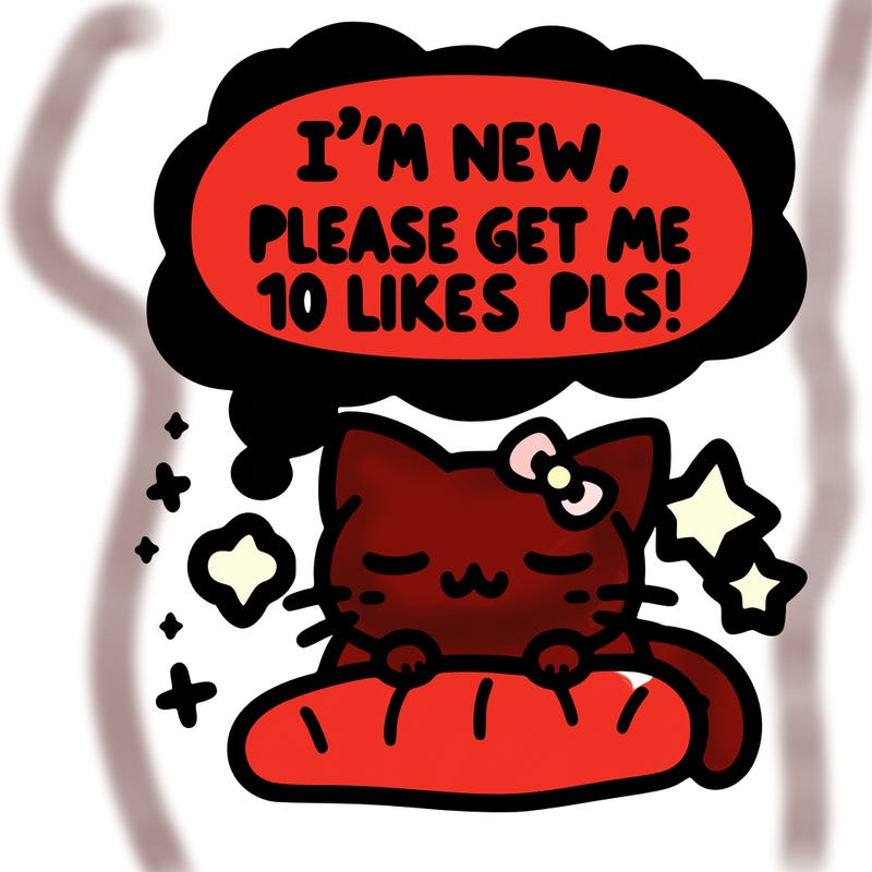 kitty taking a nap dream talking and saying "i'm new, please get me at least 10 likes pls!!"