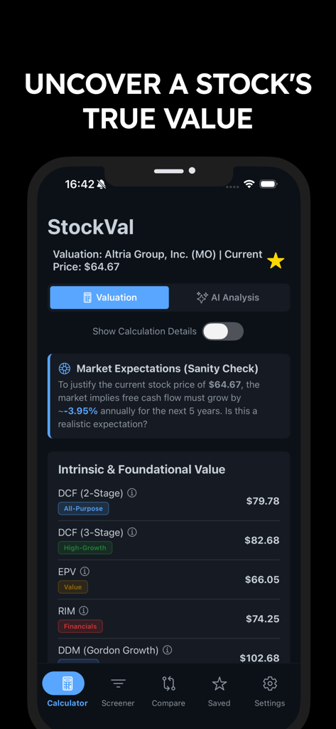 StockVal AI: Fair Value Stocks - StockVal AI mobile interface showing various intrinsic value calculation models like DCF and DDM for a stock valuation