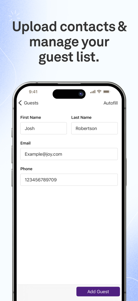 Interface of the Joy Wedding Planner app showing the guest list management feature and add guest form