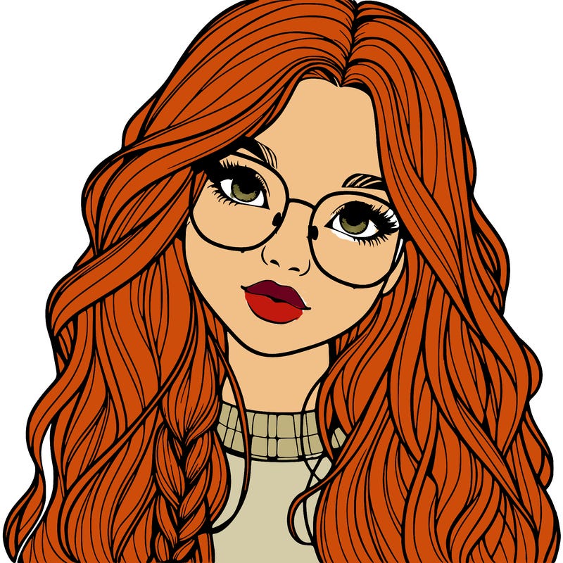 girl with long hair and freckles and glasses realistic