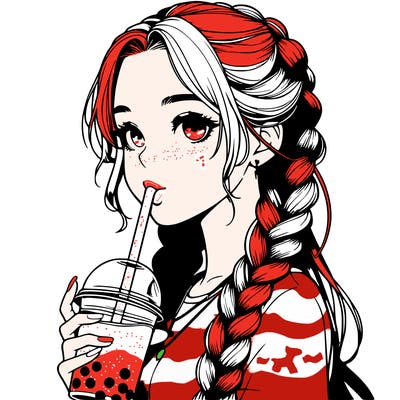 realistic girl with braided hair drinking boba