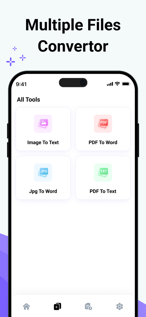 Image to Text - Scan & Convert - Mobile App-Oberfläche mit verschiedenen Dateikonvertierungswerkzeugen wie Bild zu Text und PDF zu Word