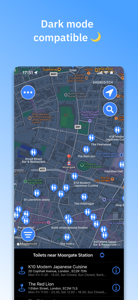 Toilets4London - ムーアゲート駅周辺のトイレアイコンと共に、ダークモードのマップインターフェースを表示するToilets4Londonアプリのスクリーンショット
