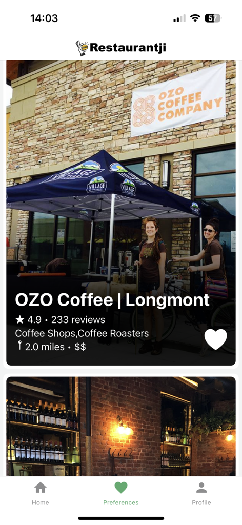 Restaurantji Dining Guide - The Restaurantji app displaying a listing for OZO Coffee in Longmont with a 4.9 star rating and business details.