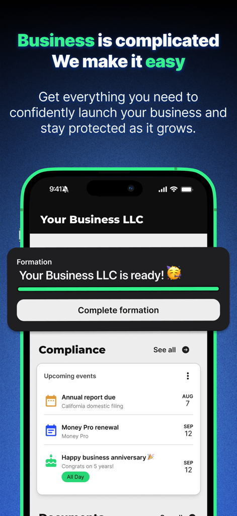 ZenBusiness app dashboard for LLC formation and business compliance management.
