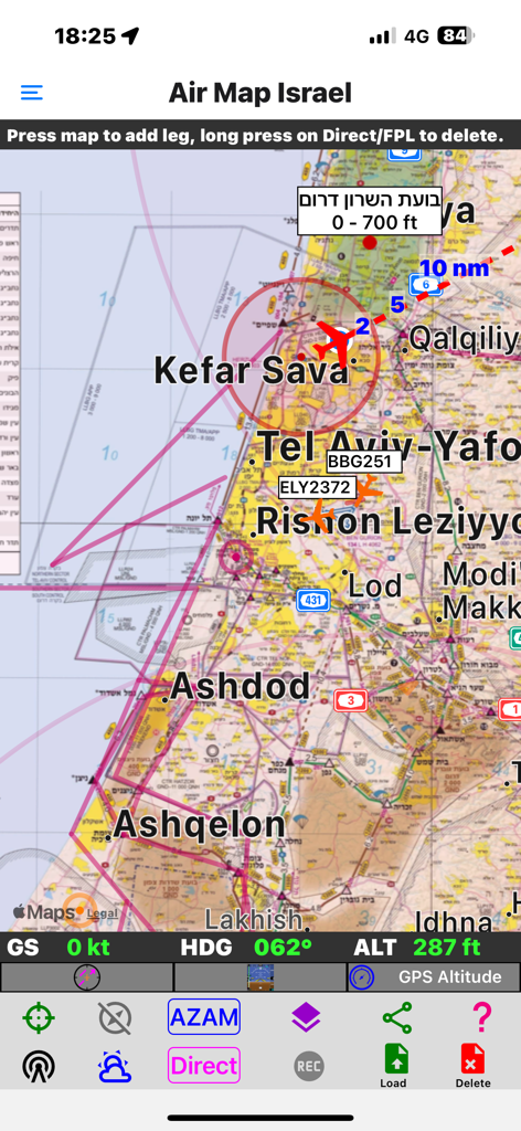 Air Map Israel - Air Map Israel mobile app interface showing real-time aircraft tracking on a VFR flight chart over Tel Aviv and surrounding areas.