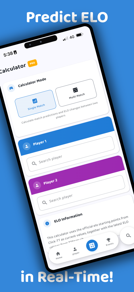 TTStats app interface showing the real-time ELO match calculator for Swiss table tennis