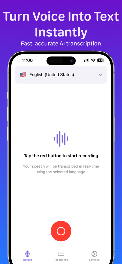 Interfaz de la aplicación Speakly AI que muestra la pantalla principal con un botón rojo de grabar para transcripción instantánea de voz a texto.