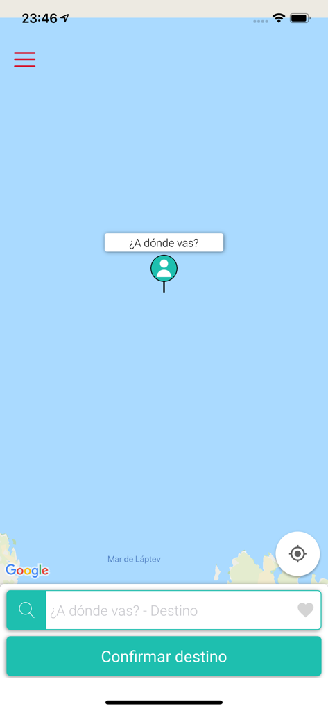 eTaxi (passenger) - eTaxi乗客アプリの地図画面のスクリーンショット。スペイン語で目的地入力と確認ボタンが表示されています。