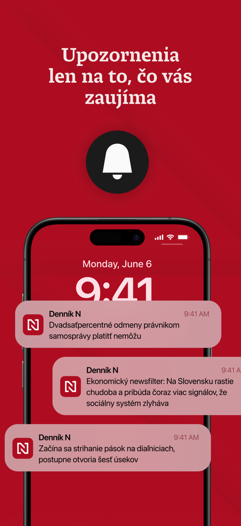 Denník N - Benachrichtigungen der Dennik N Nachrichten-App auf einem Smartphone-Sperrbildschirm mit personalisierten Warnungen