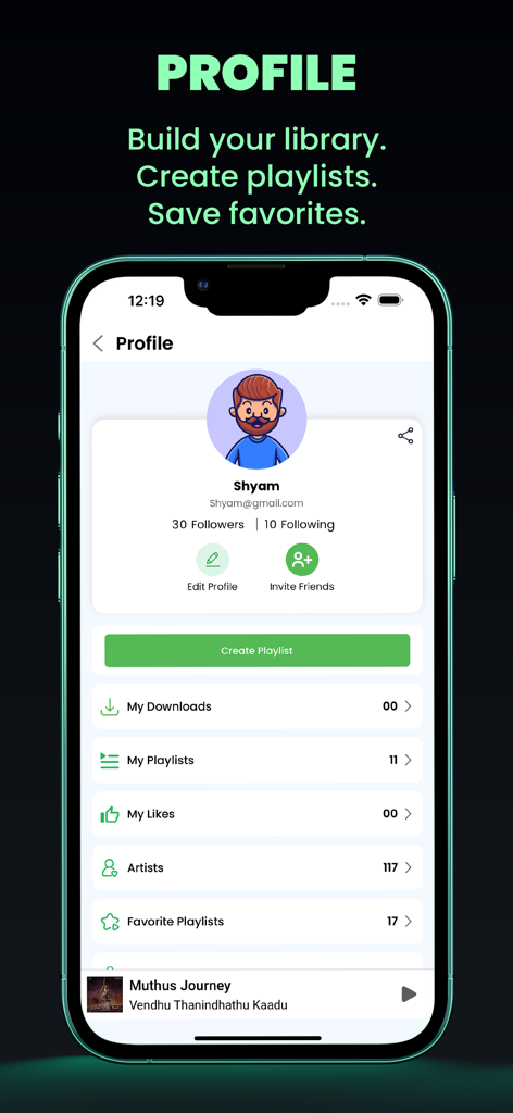 Raaga - Songs & Podcasts - Raaga music app user profile interface showing follower count and playlist management options