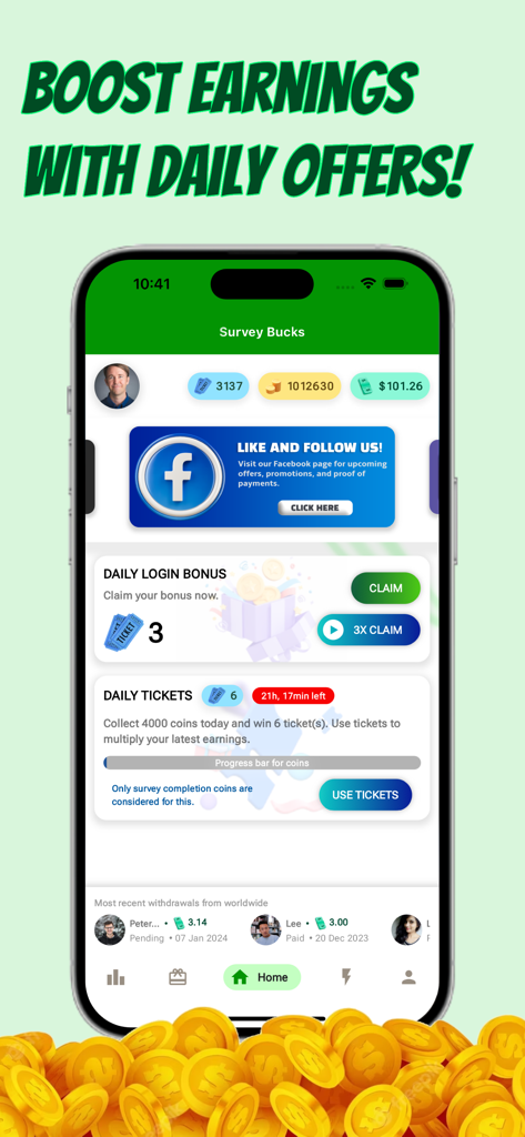 Earn Money with Survey Bucks - 毎日のログインボーナスと獲得オファーが表示されたSurvey Bucksアプリのスクリーンショット
