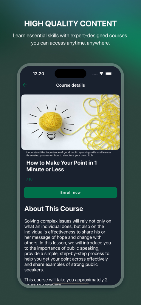 Starbucks Global Academy - Starbucks Global Academy app screen displaying details for a public speaking course provided by Arizona State University.