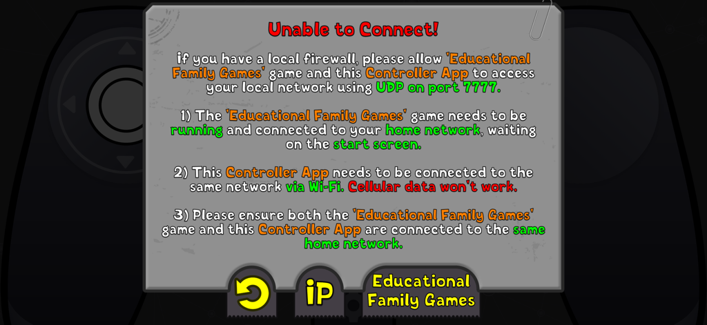 GamePad Link - Connection troubleshooting screen for the GamePad Link app showing Wi-Fi setup instructions.