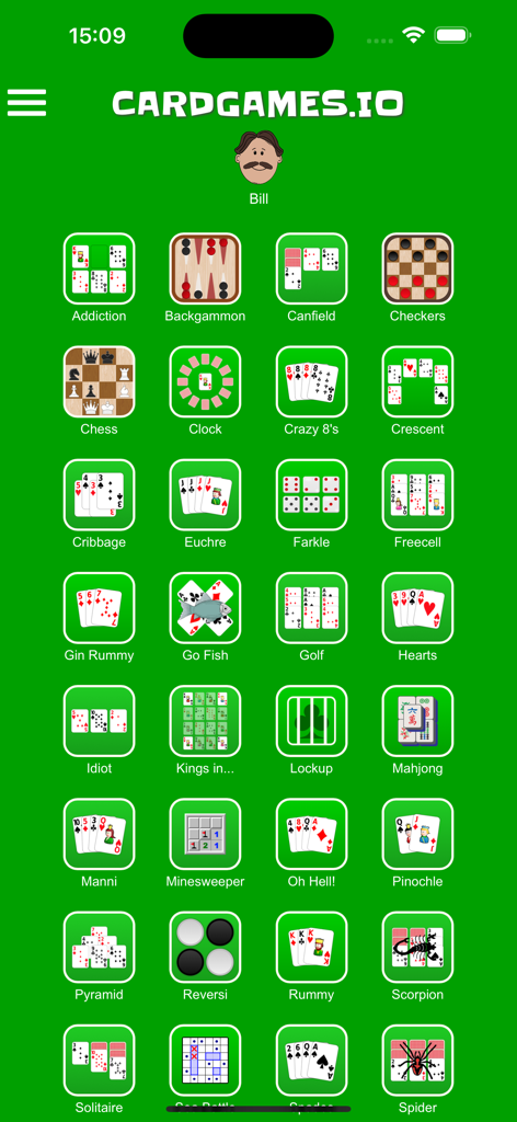 Main menu of CardGames io app featuring a grid of classic card and board game icons on a green background