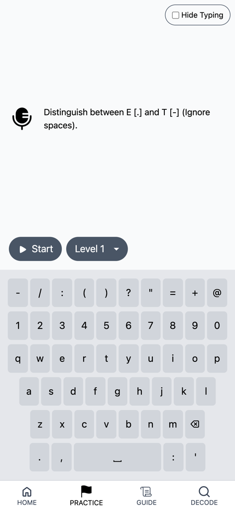 モールス信号の文字EとTを学習するための練習画面。