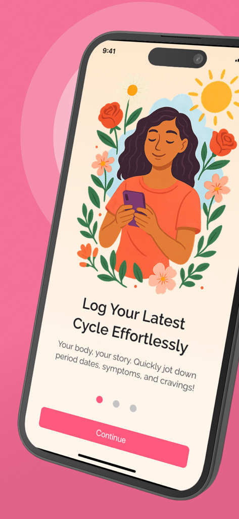 Period Tracker ` - Pantalla de incorporación de la aplicación Period Tracker que muestra una ilustración de una mujer rodeada de flores y un sol