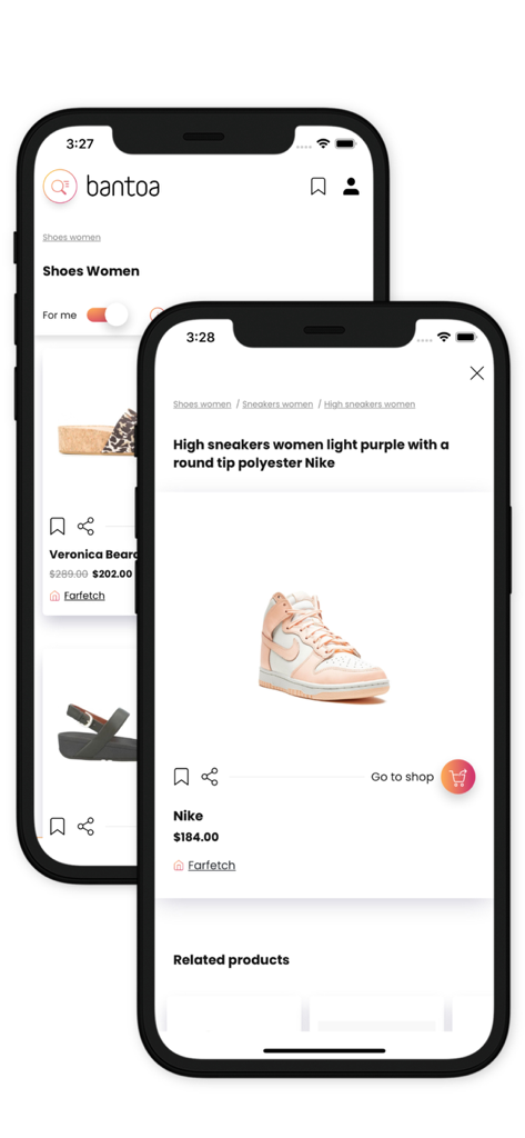 Interface do aplicativo móvel Bantoa mostrando um par de tênis Nike de cano alto com preços e um botão 'ir para a loja'