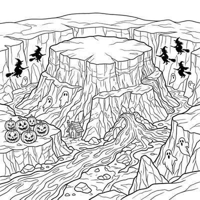 Journey into a spectacular Halloween landscape where subglacial lava formations meet spooky fun. Color a unique scene featuring witches, ghosts, and jack-o'-lanterns in a dramatic canyon setting.