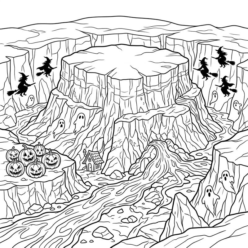 Journey into a spectacular Halloween landscape where subglacial lava formations meet spooky fun. Color a unique scene featuring witches, ghosts, and jack-o'-lanterns in a dramatic canyon setting.