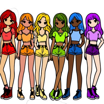 a group of girls wearing crop tops and shorts