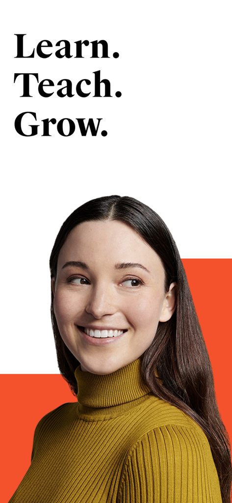 Udemy Online Video Courses - Eine lächelnde junge Frau mit dem Text Learn Teach Grow, der die Online-Kompetenzentwicklung von Udemy repräsentiert.