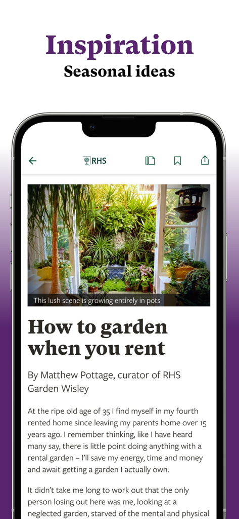 RHS The Garden - A mobile app screen from RHS The Garden featuring an article about gardening for renters with seasonal inspiration.
