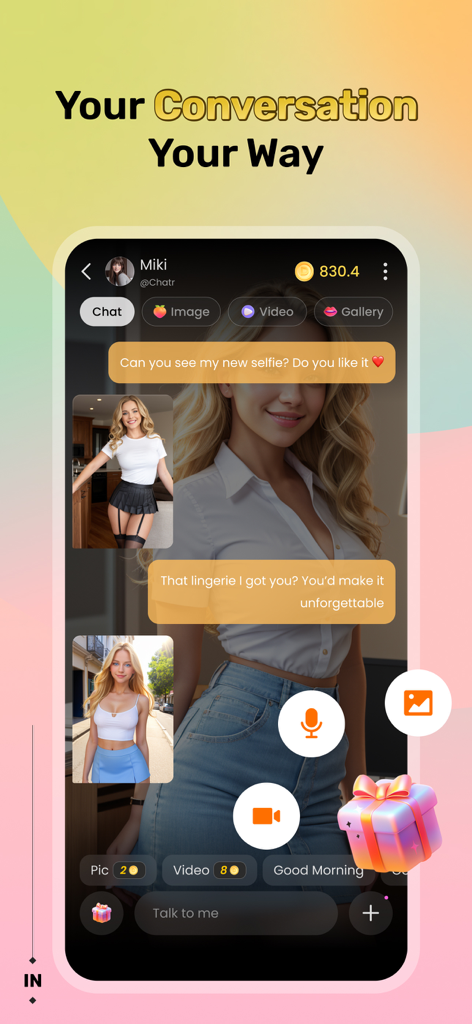 Mobile app interface showing a chat conversation with a realistic AI girlfriend character featuring text messages and shared photos.