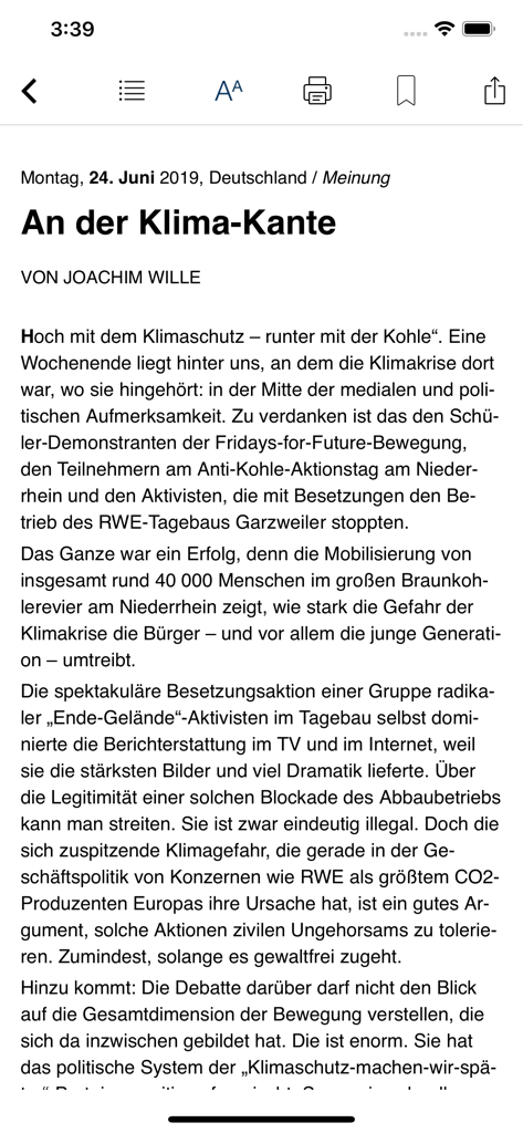 FR Digitale Zeitung - Screenshot of a German news article about climate change in the FR Digitale Zeitung app.