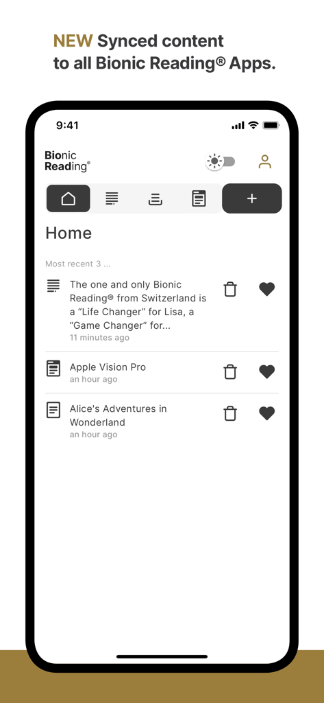 Bionic Reading® - Bionic Reading app home screen showing synced reading content and library list