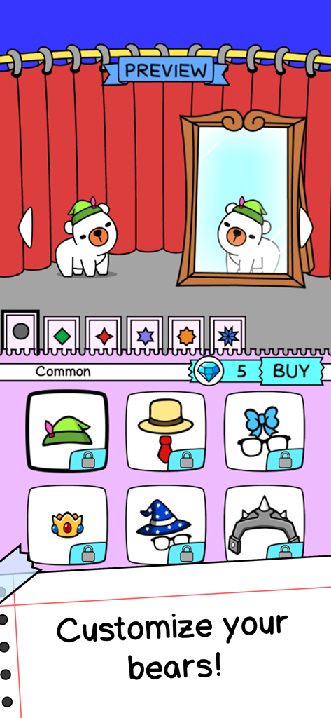 A white bear in a mirror with options to customize its outfit and accessories