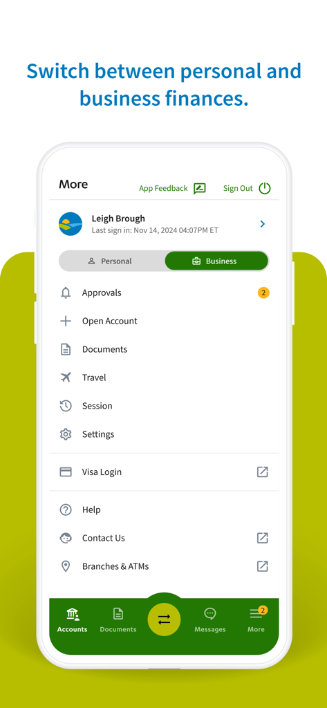 Libro Mobile Banking - Interfaz de la aplicación móvil Libro que muestra un interruptor para cambiar entre perfiles bancarios personales y de negocios.