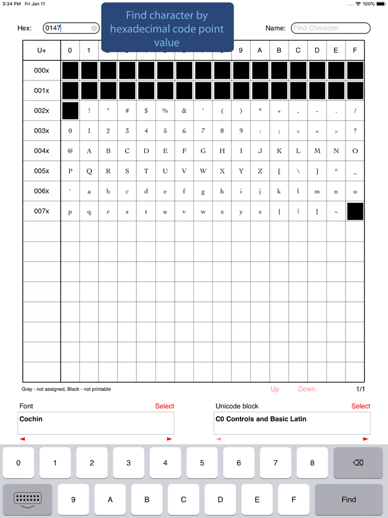 iPad interface of a Unicode character viewer showing a grid of symbols with hexadecimal search and font selection options.