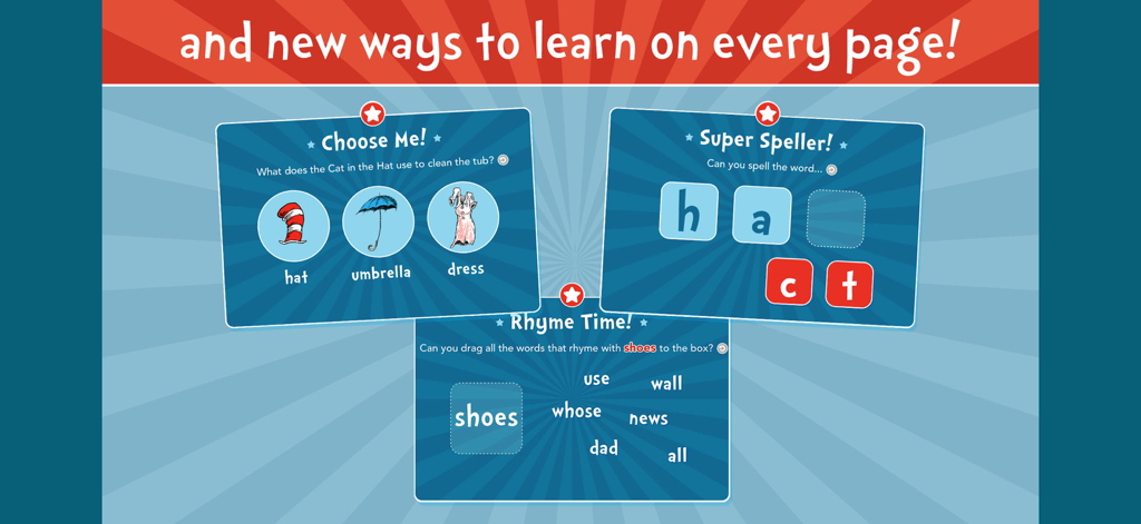 Atividades de aprendizagem de ortografia, rima e compreensão no aplicativo 'O Gato da Cartola Está de Volta'