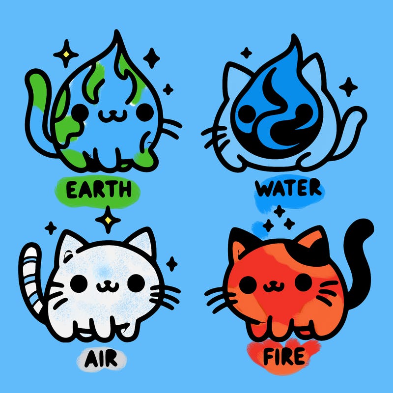 4 cats that represent the different elements, earth, water, air, and fire