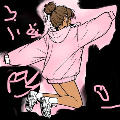 realistic girl jumping with a bun and oversized sweatshirt