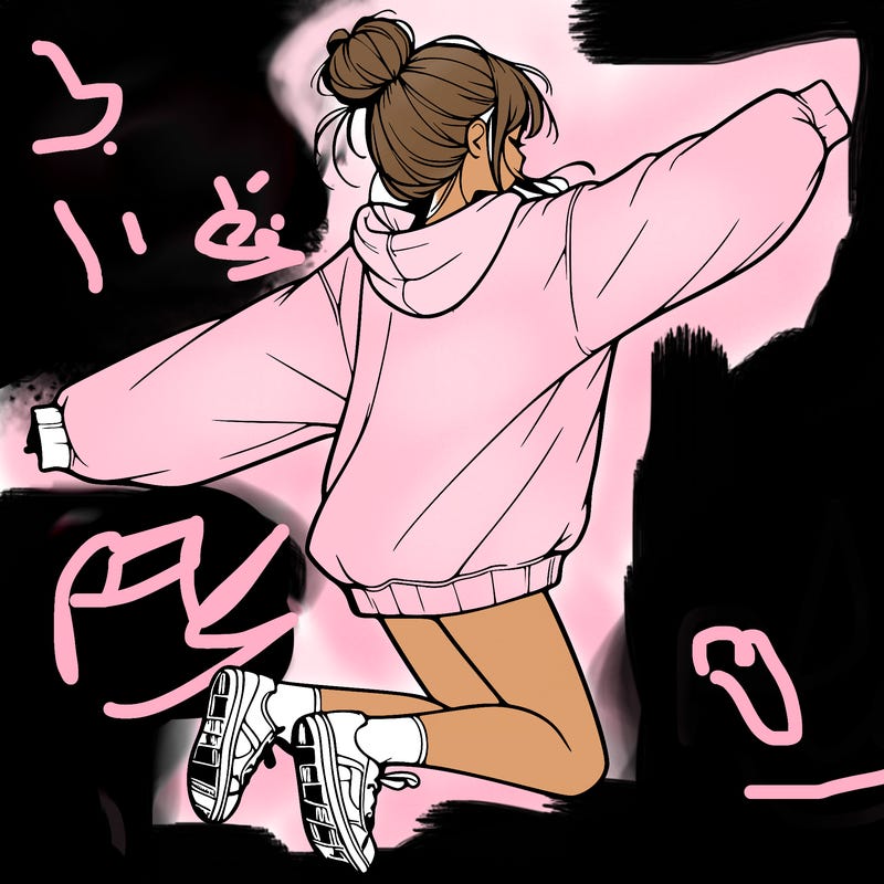 realistic girl jumping with a bun and oversized sweatshirt