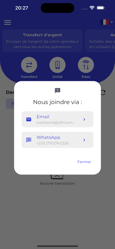 WalliSend - Opções de suporte ao cliente do aplicativo WalliSend, incluindo e-mail e WhatsApp