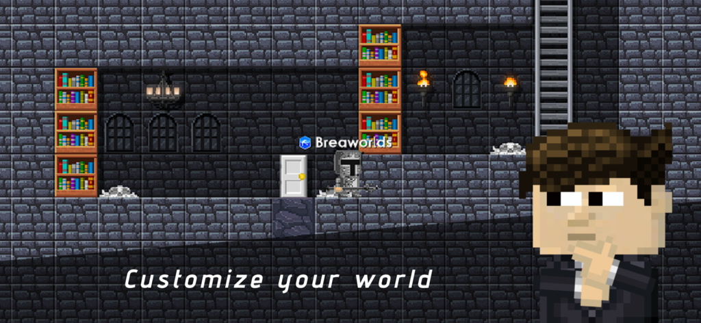 Pixel art character in a custom built stone dungeon with bookshelves and torches in the Breaworlds game
